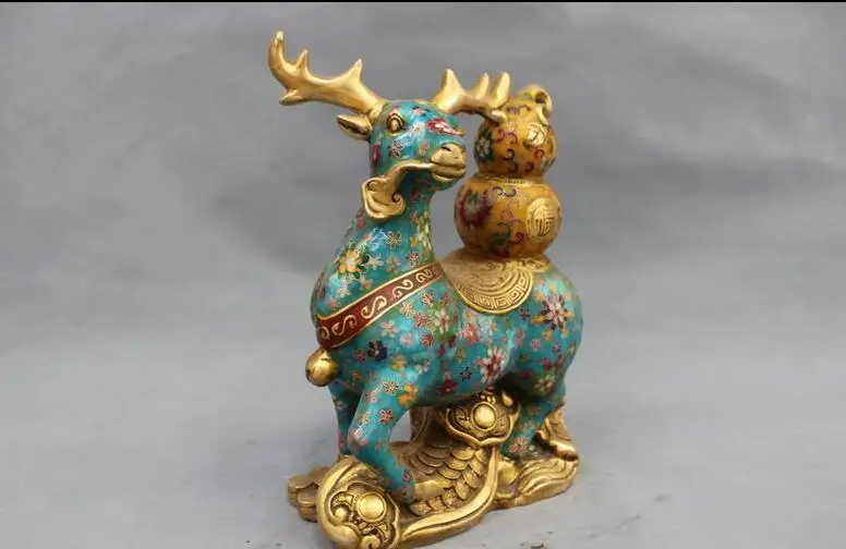 13 China Feng Shui Bronze Cloisonne Enamel Attract Wealth Deer Gourd Statue home decoration Metal crafts