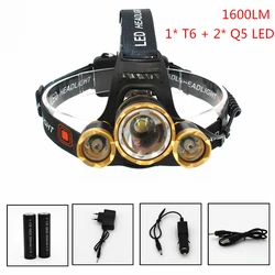 Faro delantero de 1600LM para coche, linterna de cabeza con Zoom recargable LED 1 T6 + 2 Q5, 4 modos, cargador de CA USB + batería 18650