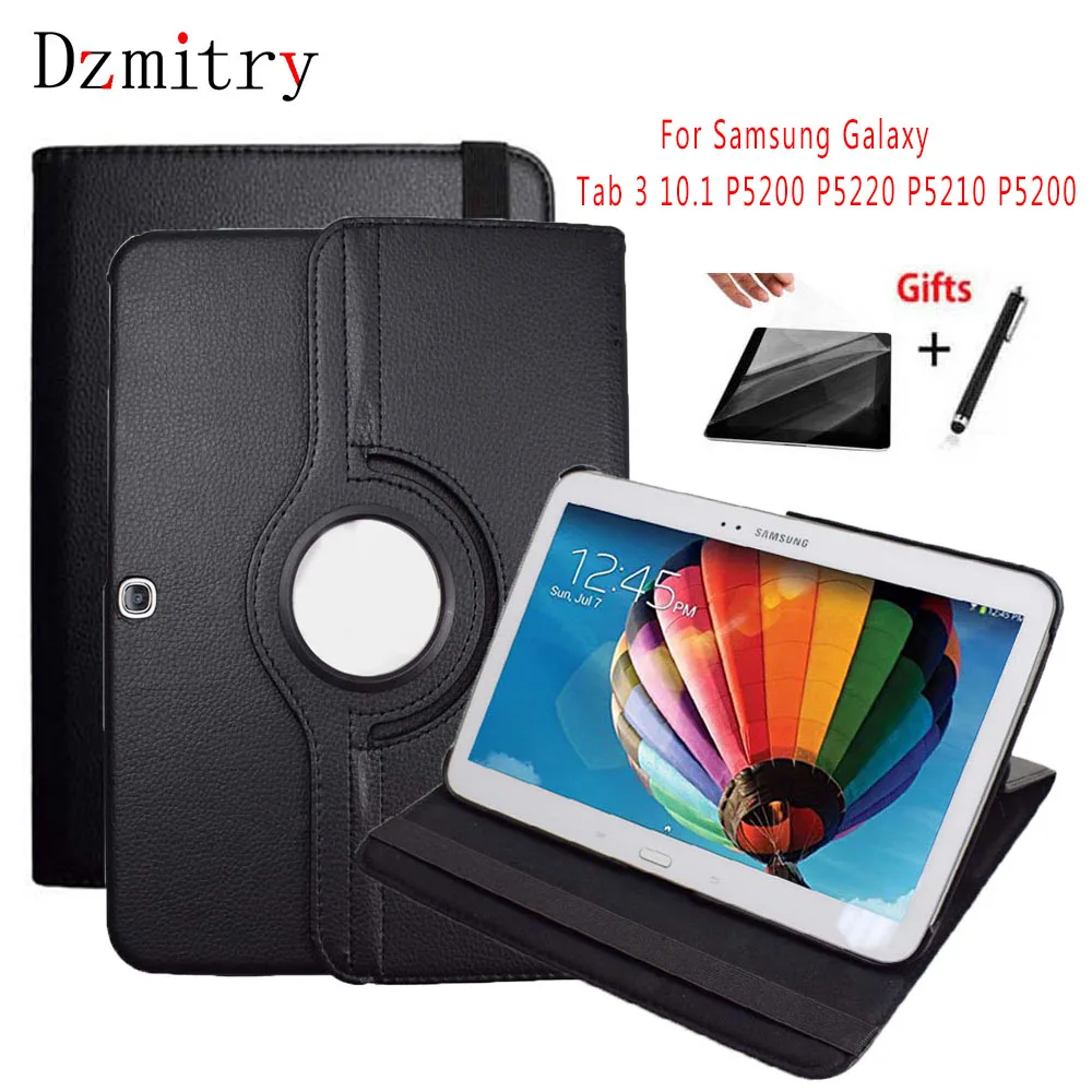 

360 Degree Rotating PU Leather Case For Samsung Galaxy Tab 3 10.1 SM-P5200 P5220 P5210 Tablet Stand Flip Cover shell+film+pen