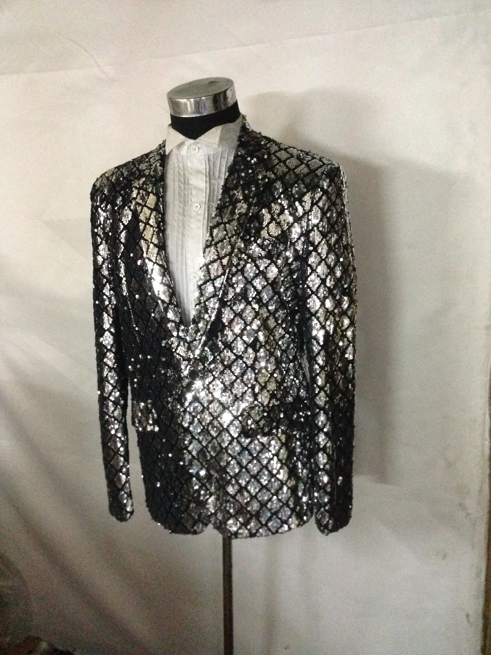 mens check pattern full sequined stage performance black&silver handsewing sequined tuxedo jacket ,only jacket