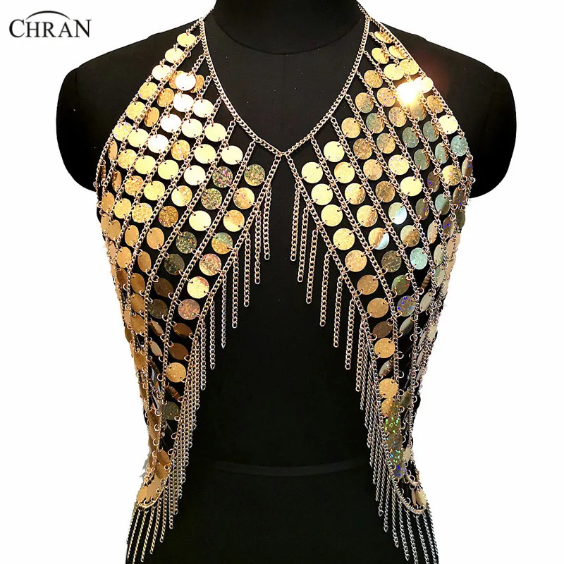 Chran Shine Iridescent Gold Mermaid Sequin Disc Halter Chain  Vest Top Women Jewelry Accessories