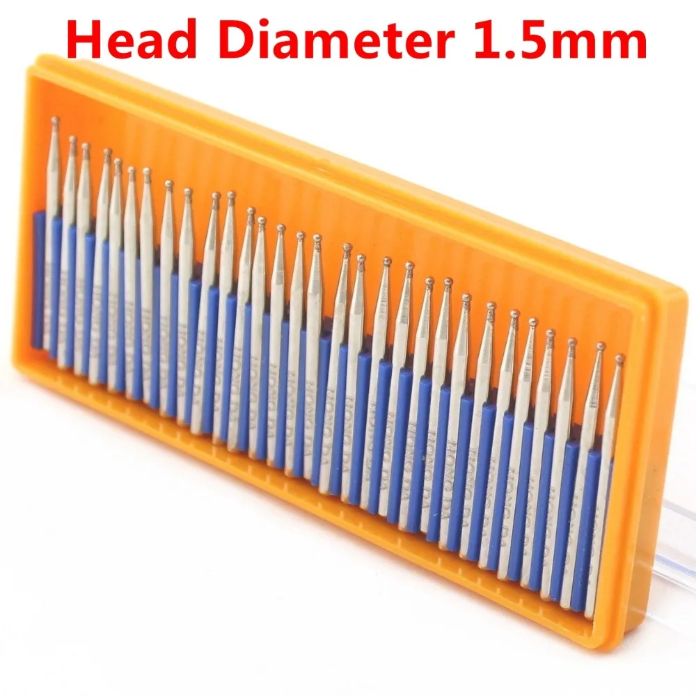 30 pz fresa diamante testa di molatura forma rotonda 1 1.5 2 2.5 3mm bit rivestito palla intaglio sbavature gambo 2.3 strumenti per pietra