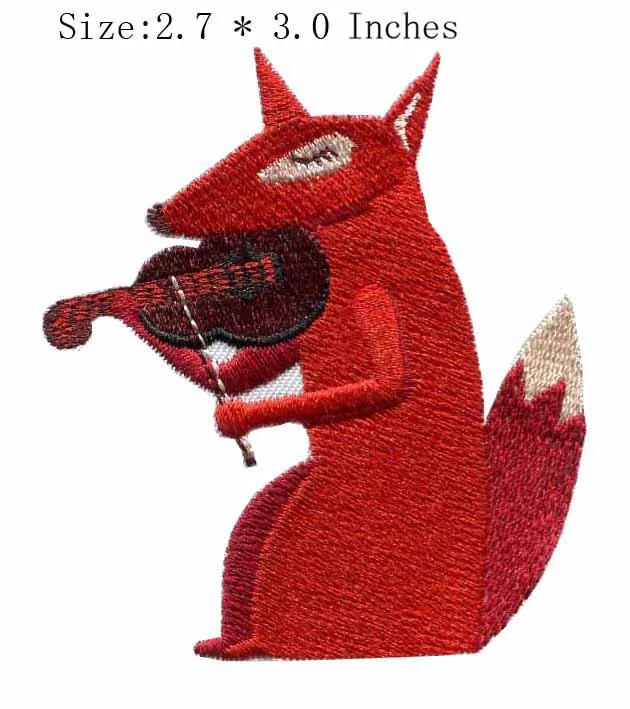 Little fox embroidery patch 2.7" wide /playing a violin/red/Baseball cap badge