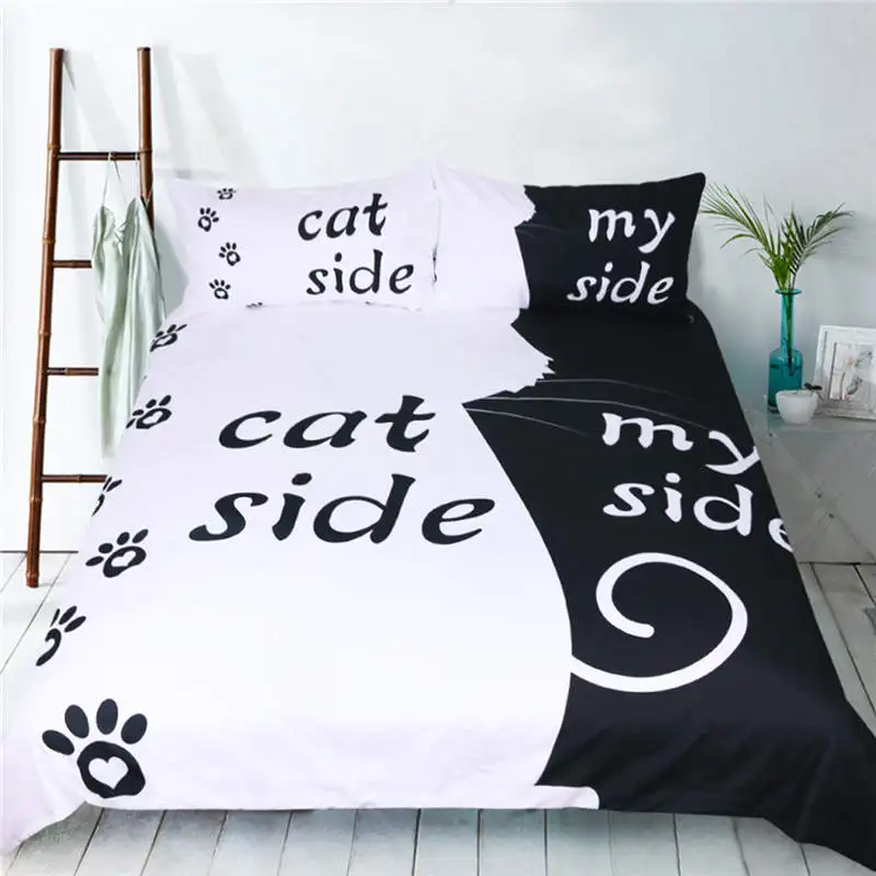 

New Black & White Style Quilt cover Set Creative Dog/Cat Side With My Side Duvet Cover Pillowcase Couple Bedding Set