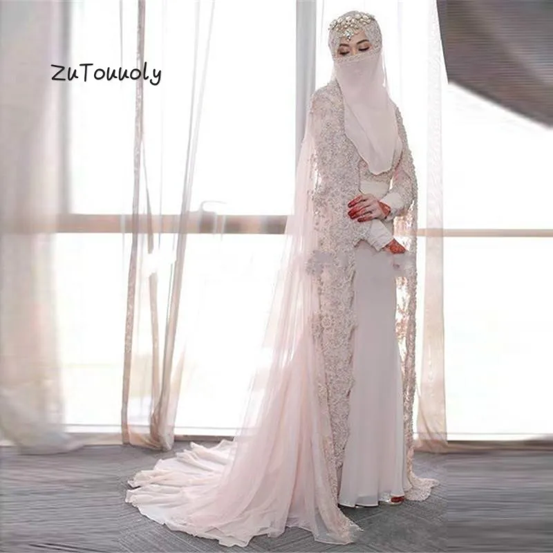 Robe de mariée musulmane rose poussiéreux, robe de sirène turque à manches longues, robe éducative Para Boda, robe de mariée de pays islamique personnalisée