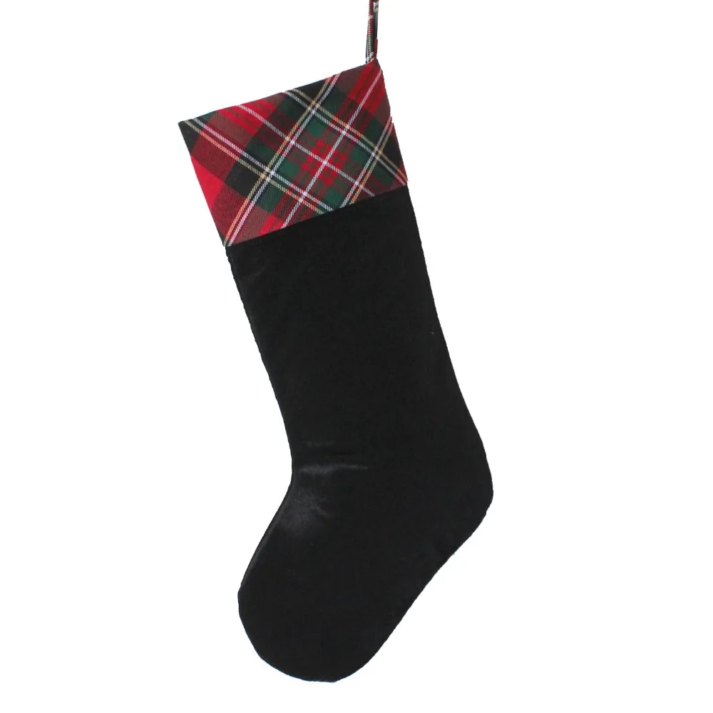 Free Shipping Black Velvet Body Christmas Stocking With Plaid Check Cuff Christmas Sock P4684