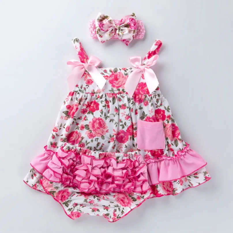 High Quality Toddler Infant Posh Petti Lace Ruffle cotton Bloomers panties+ Bow Sling tutu Dress Baby Girls Kids Clothing sets