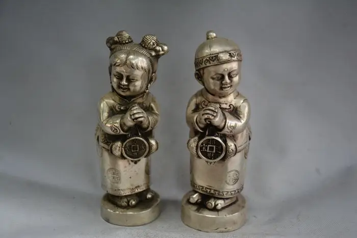 

Lovely Old QingDynasty Silver Carving/ Statue----Lucky Boy, A pair, best collection&adornment,free shipping