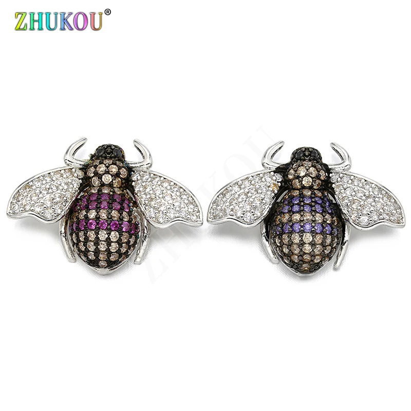 26*18mm Handmade Brass Cubic Zirconia Bees Charms Connectors for Diy Jewelry Findings, Hole: 1.5mm, Model: VS258