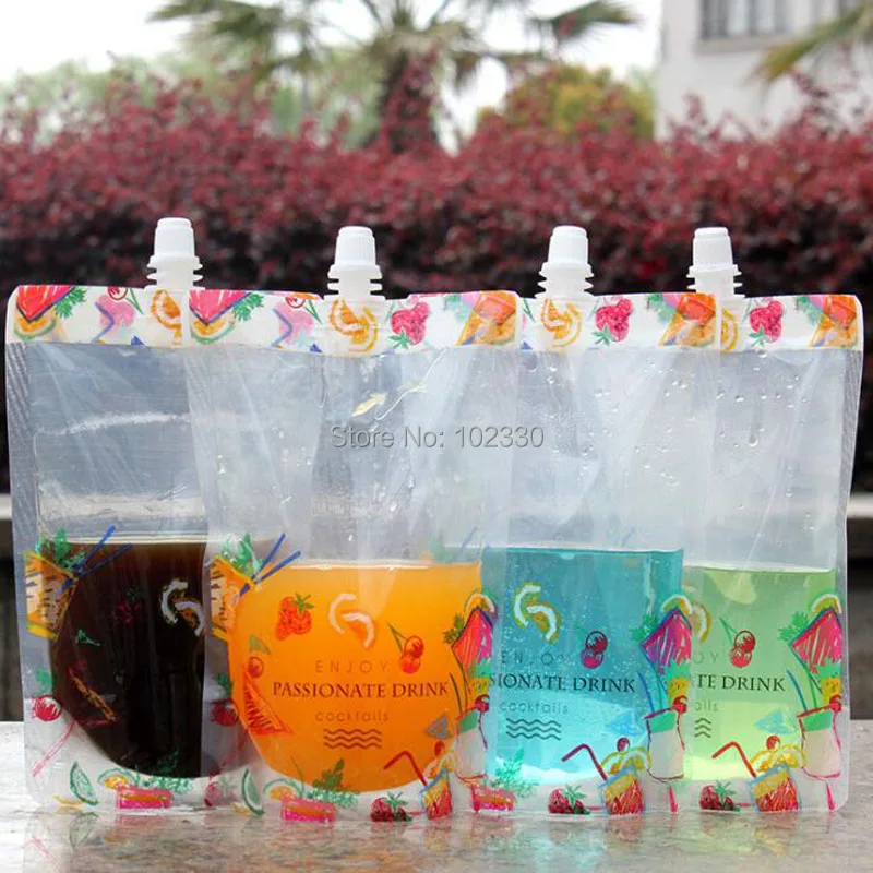 500pcs Pretty Flower Colorful Stand Up Plastic Drink Packaging Spout Bag Pouch for Beverage Liquid Juice Milk Coffee 380ml