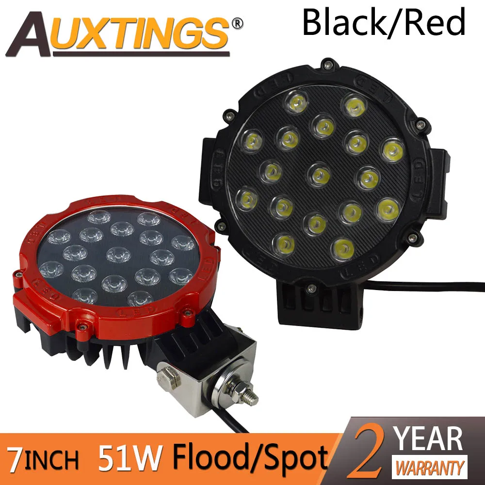 Auxtings 2X 7 inch 7'' 51w 12V 24V led work light bar black red 4x4 offroad car spot Flood beam for Jeep truck Auto 4X4 ATV Boat