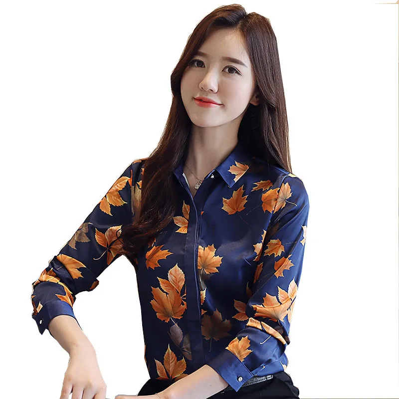 

Spring fall elegant soft maple print chiffon shirt 2019 new arrival korea style long sleeve plus size sweet lady casual blouse