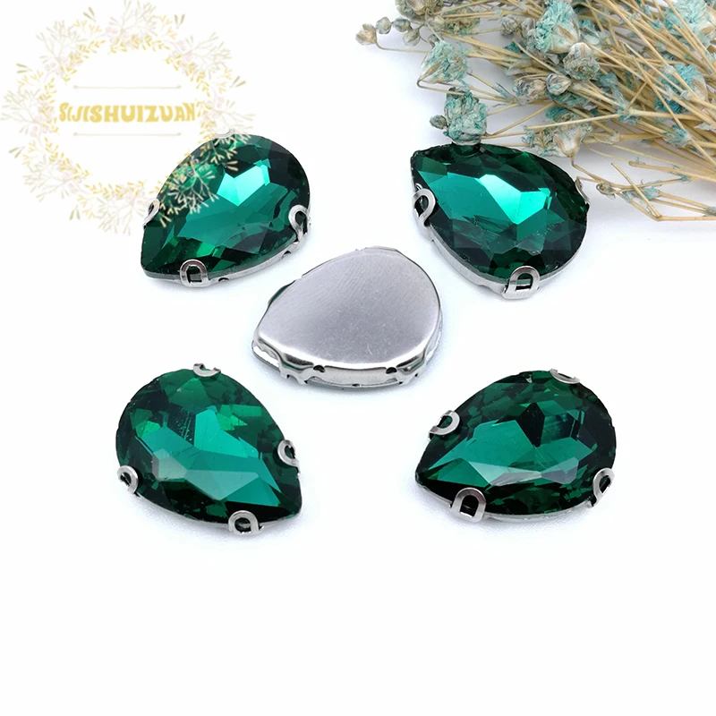 Glitter Malachite Green Water Drop Shape Drill All Sizes Glass Crystal Sew On Rhinestones Silver Bottom D Claw Diy Shoes