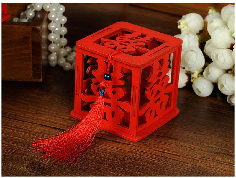 Wood Chinese Double Happiness Wedding Favor Boxes Candy Box Chinese Red Classical Casamento Sugar Case With Tassel ZA3058