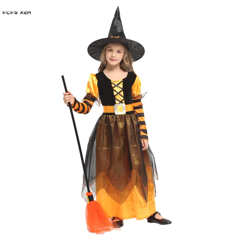 M-XL Girls Witch Sorceress Cosplay Kids Children Halloween Magician Costume for Purim Carnival Stage Play Masquerade Party Dress