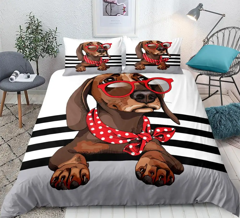 

3 Piece Trendy Puppy Bedding set Dachshund Duvet cover set Animals quilt cover teen kids Cute pet bed set King homeTextile