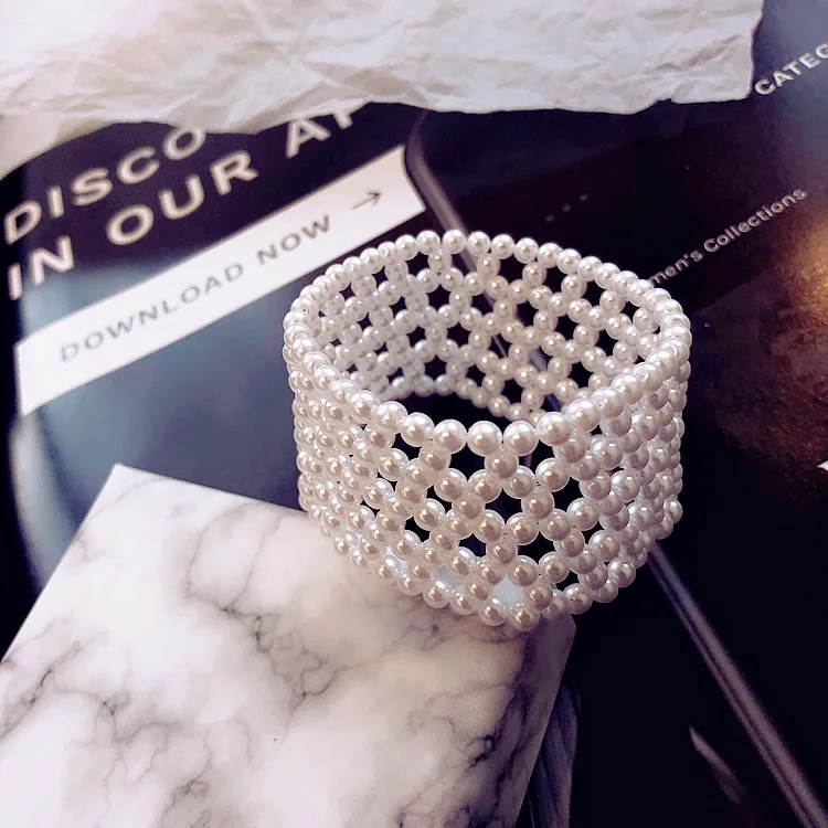 White Pearl Fashion Jewelry Weave Bracelet elastic wide bracelet for Women Summer Jewelry 2019 New Brincos