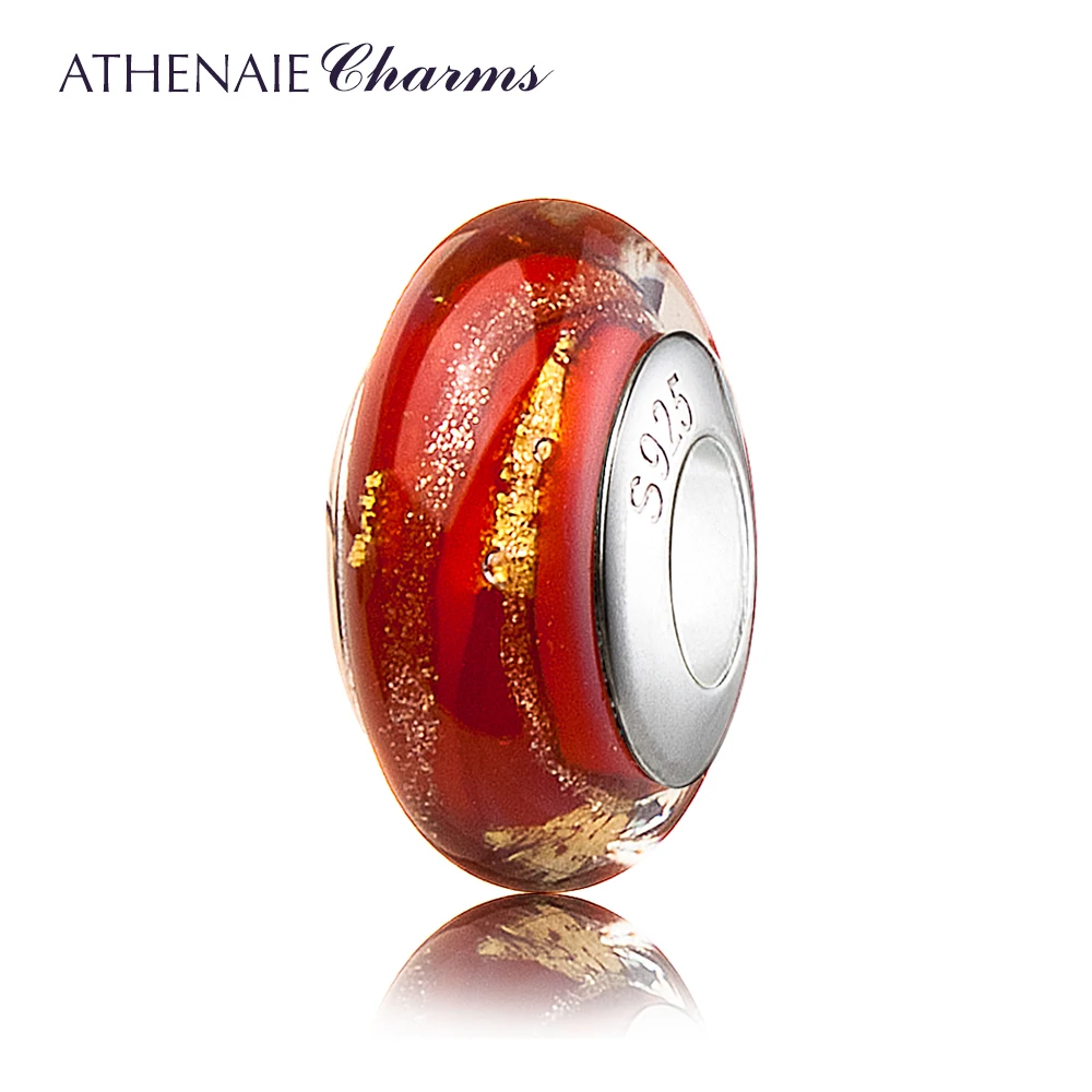 ATHENAIE Genuine Murano Glass 925 Silver Core Red Hot 18KT Gold Foill Charms Beads Fit European Bracelets Necklace Women Gifts