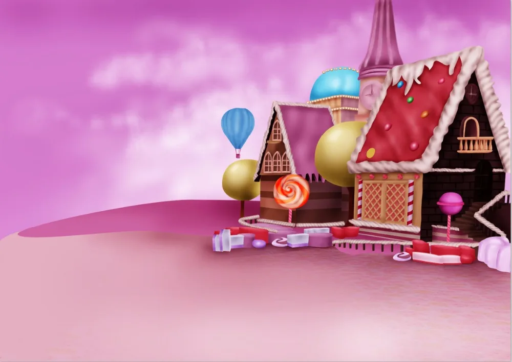 7x5FT Pink Clouds Sky Candyland Chocolate House Candy Bar Beans Land Custom Photo Studio Background Backdrop Vinyl 220cm x 150cm