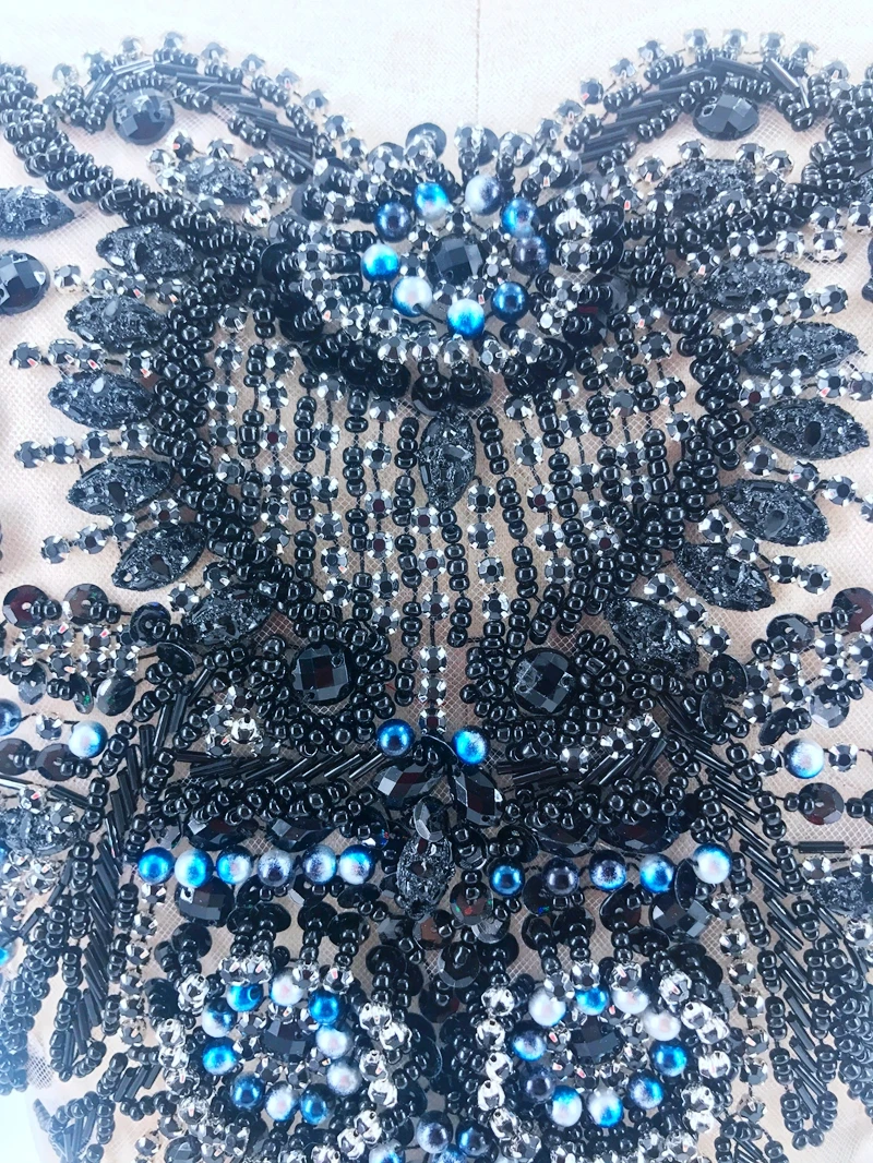 Pure hand made black sew on Rhinestones applique on mesh  crystals patches trimming 37*37cm  dress accessory