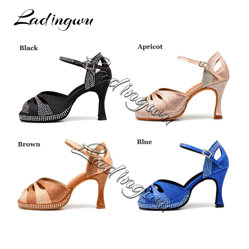 Chaussures de brevLatine pour Femme, Plateforme Haute, Strass Pailletés, Satin, Sandales de Salle de Bal, Talons Hauts, Noir, 9cm