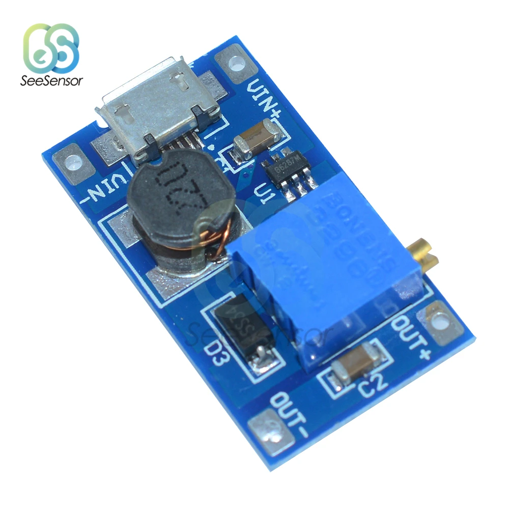 MT3608 2A DC-DC Adjustable Step Up Module Boost Board with Micro USB 2V-24V to 5V 9V 12V 28V