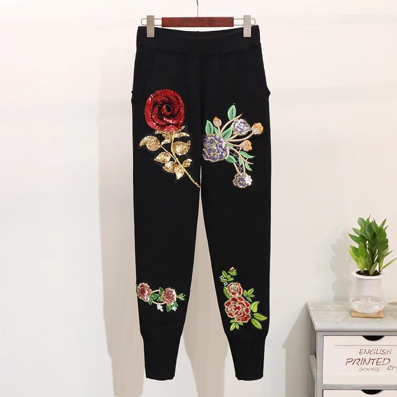 Autumn winter 2 piece set women Embroidery sequin knitted set sweater + trousers pants set Women two piece set fashion tracksuit