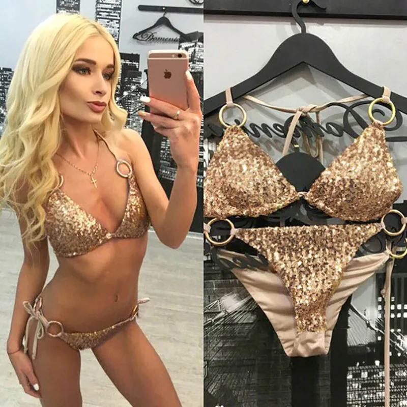 Two Pieces Women Swimsuit Bandage Gold Girls Bikini Push Up Women Swimwear 2018 New Sexy shining Swimsuit Beach Biquini Set