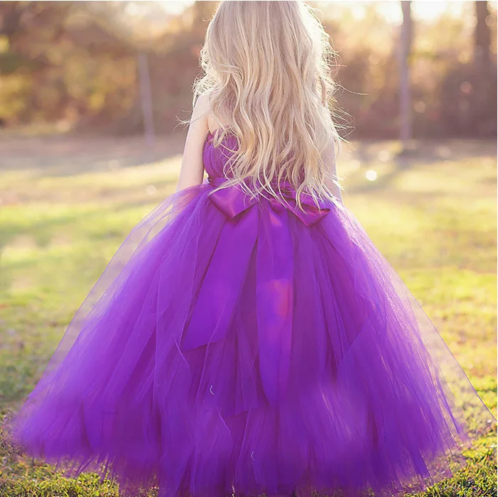 Vestido largo de tutús púrpura para niñas, vestido de princesa de tul esponjoso hecho a mano con lazo de satén de flores, Tutus de fiesta para niños, 1 pieza