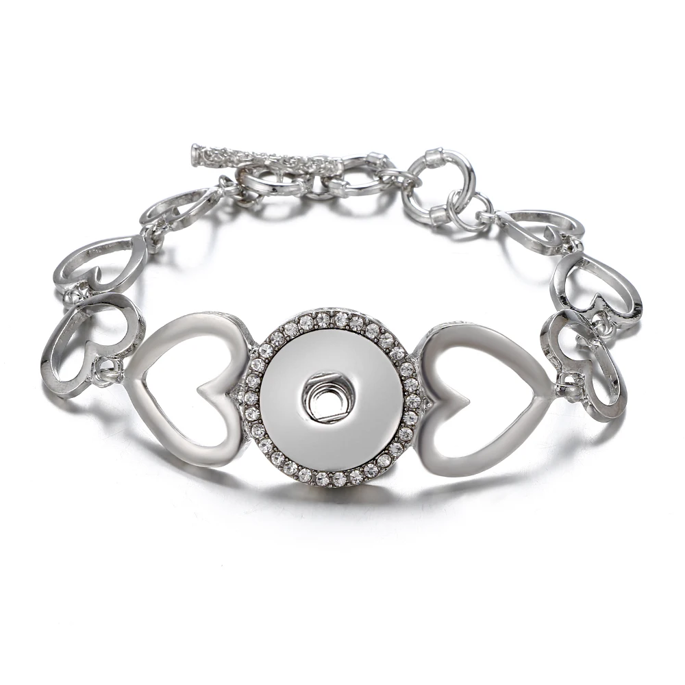 New Fashion silver plated hollow Rhinestone hearts snap Bracelet bangle 22CM fit 18MM snap button jewelry wholesale image 2