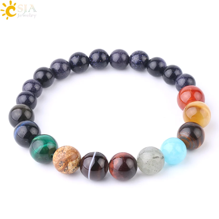 CSJA 8mm Blue Sand Mixed 10mm Natural Stone Bracelet Simple Elastic Bracelets for Men Women Jewelry Beaded Stretch Pulseras F760