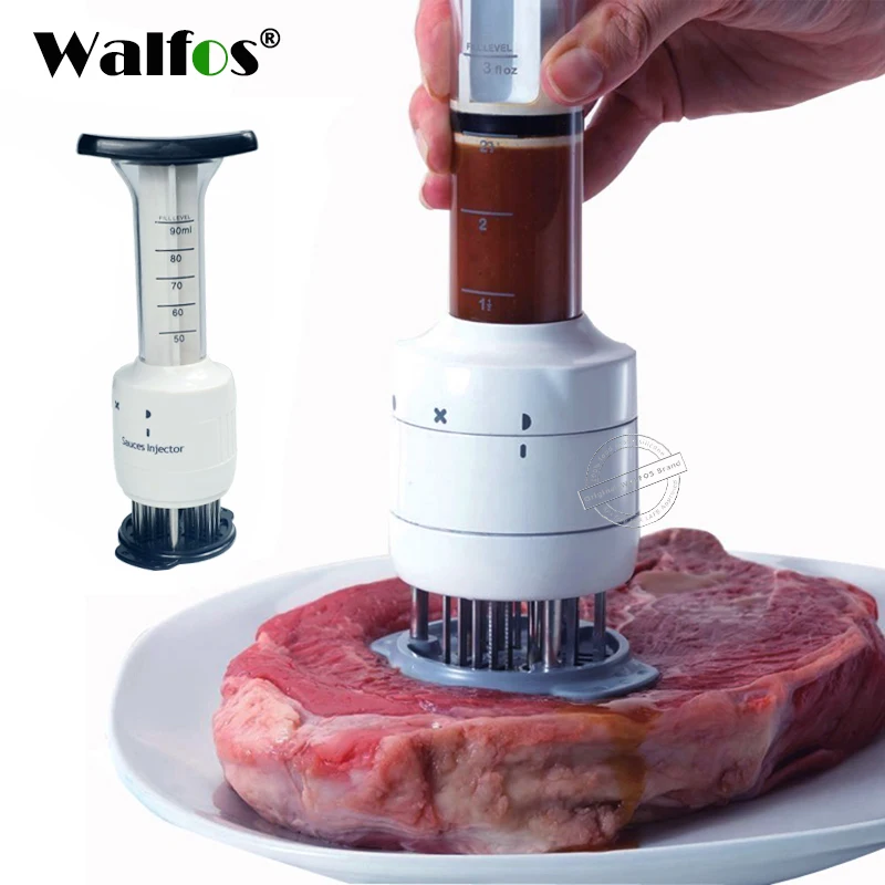 WALFOS Food Grade Stainless Steel Meat Tenderizer Needle and Meat Injector Marinade Flavor Syringe Kitchen Tools