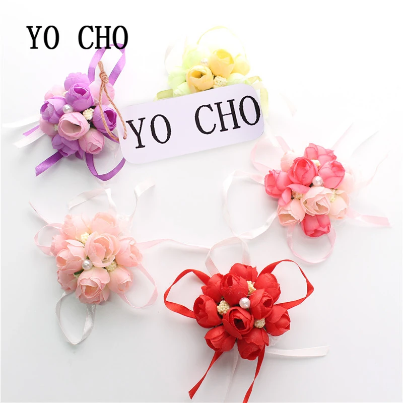 YO CHO  PE Artificial Rose Flower  Fake Flowers  DIY Bride Wrist Flower  Bridesmaid Sisters Hand Flower  Wedding Accessories