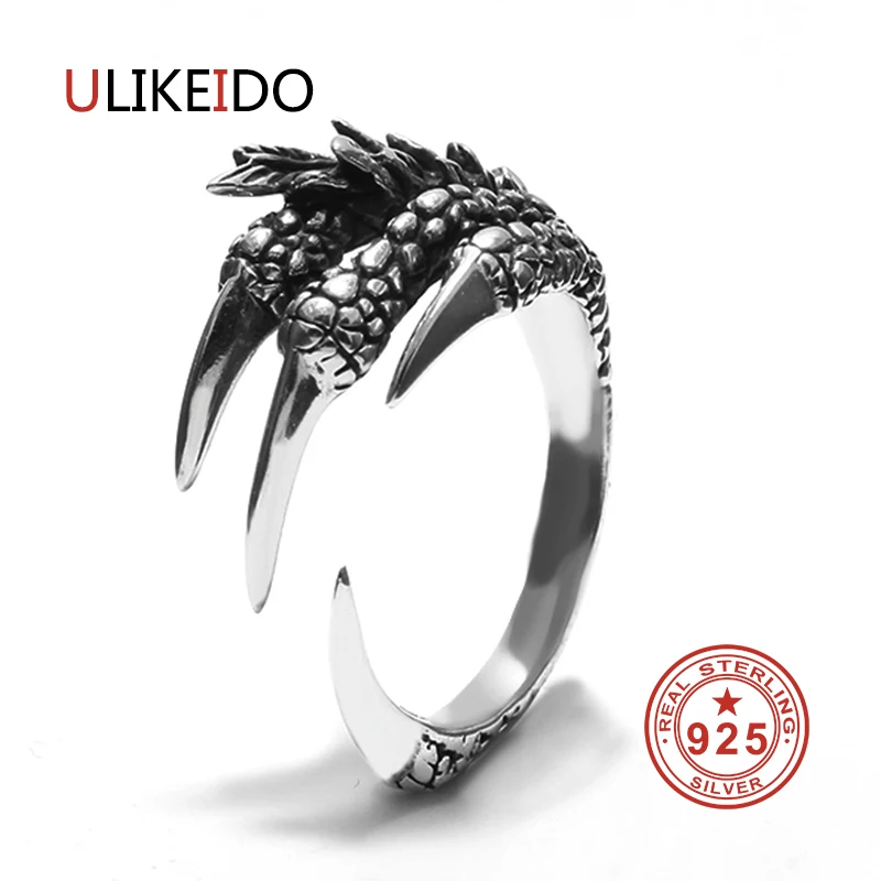 

100% Pure 925 Sterling Silver Jewelry Dragon Rings Eagle Claws Vintage Men Signet Ring For Women Boy Friend Christmas Gift 0001