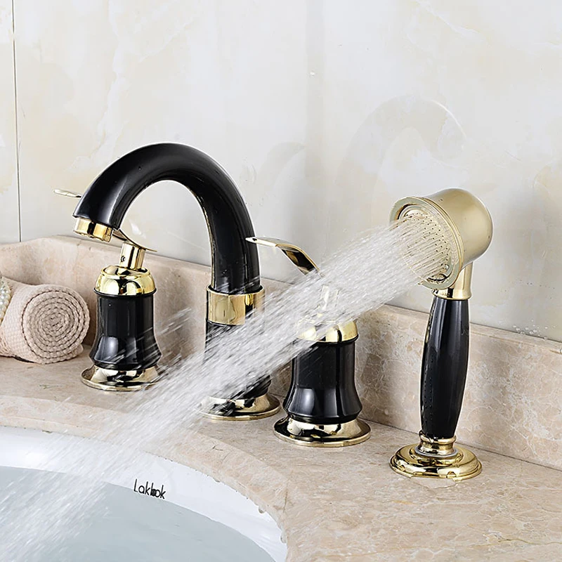 4Pcs Bathroom Basin Faucet Bathtub Faucet Deck Mounted Tub Sink Water Faucet Cold Hot Mixer Tap with Handshower Tub Crane Tap