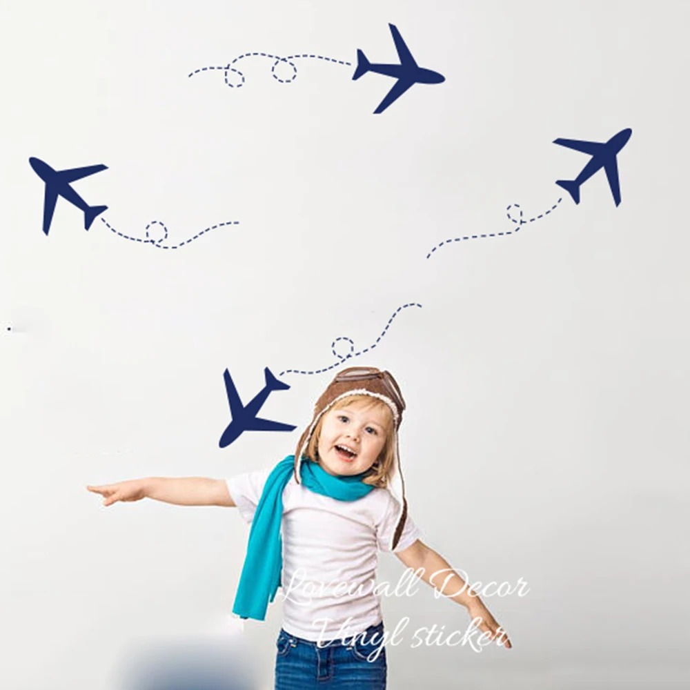 Cartoon Plane Airplane Wall Sticker Baby Nursery Kids Room Set of 4 Biplane Plane Wall Decal Bedroom Living Room Vinyl Decor