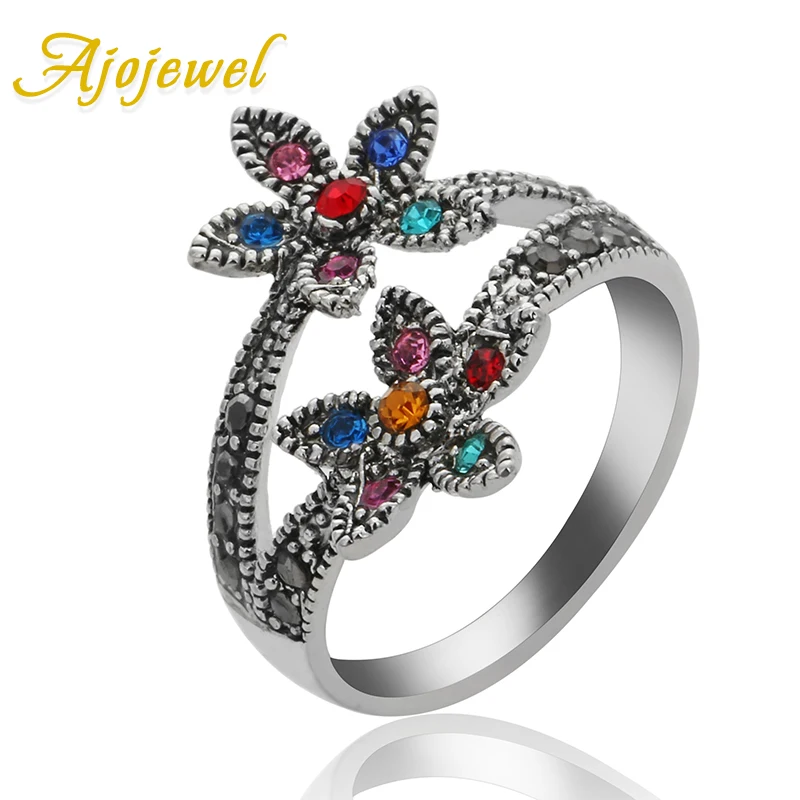 Ajojewel Vintage Double Flower Ring Rhinestone Women\'s Finger Jewelry Size 6-9 Bijoux Retro Gift Items