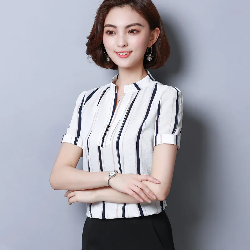 Musim Panas Lengan Pendek Sifon Kemeja Wanita Temperamen Longgar Plus Ukuran Atas Bawah Kemeja Kantor Wanita Dicetak V Kerah Blus H9130