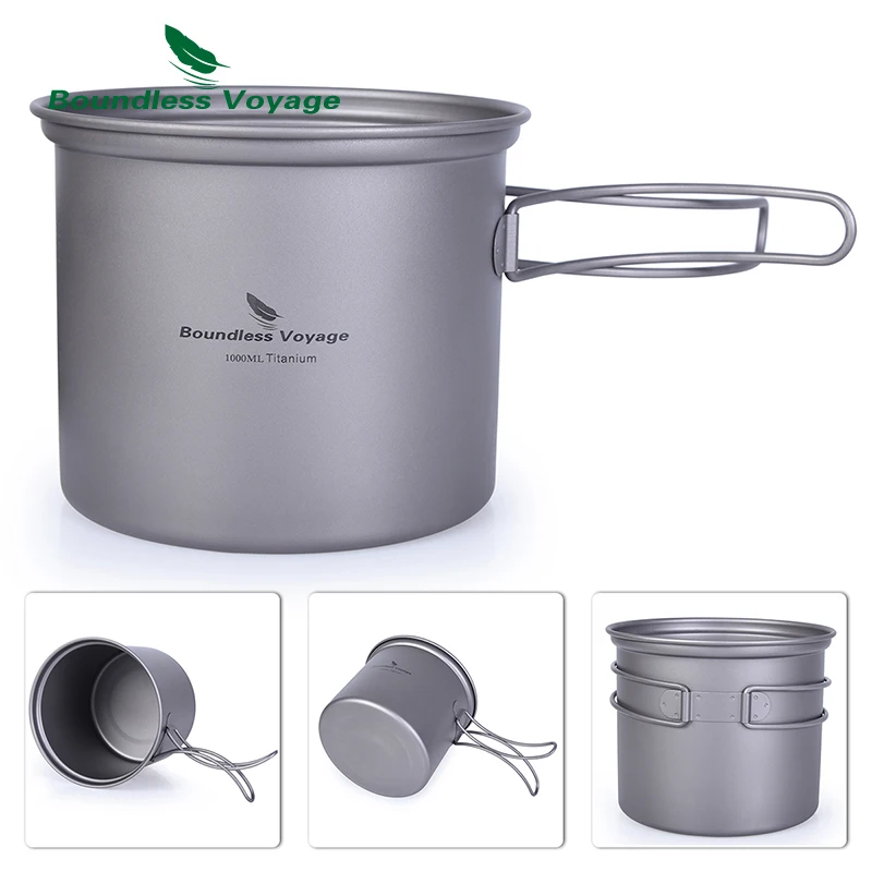 Juego de ollas de titanio Boundless Voyage con mango plegable, vajilla de cocina ultraligera para Picnic y acampada al aire libre, 1000ml + 500ml