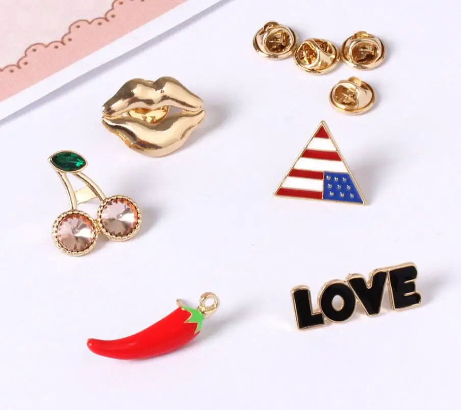 X179 BD Cartoon Pepper USA National Flag Lip Cherry Love Metal Brooch Button Pins Jeans Bag Decoration