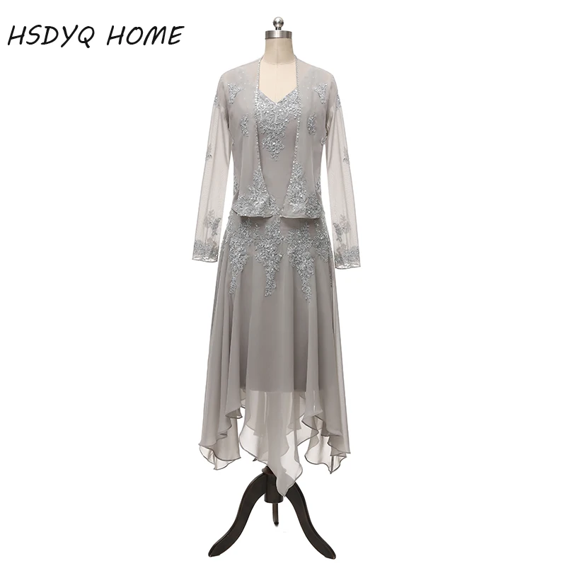 Chiffon Mother of Bride Dresses with Long Sleeves Beads Two Pieces Mid Carf Wedding Party Groom Gowns