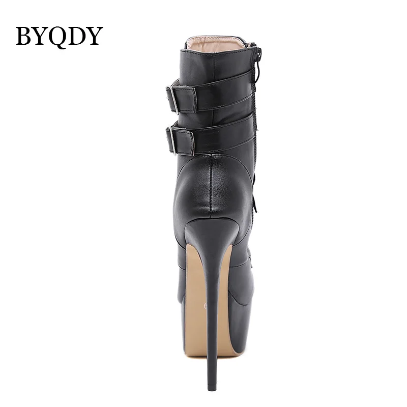 BYQDY Women Autumn Ankle Boots Sexy High Heels Platform Boots Round Toe Leather Booties Black Shoes Ladies Party Shoes New 2022