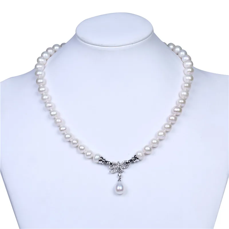 Daking 8.5-9.5mm  jewelry  bowknot pendant necklace cultured genuine pearl choker necklace for women