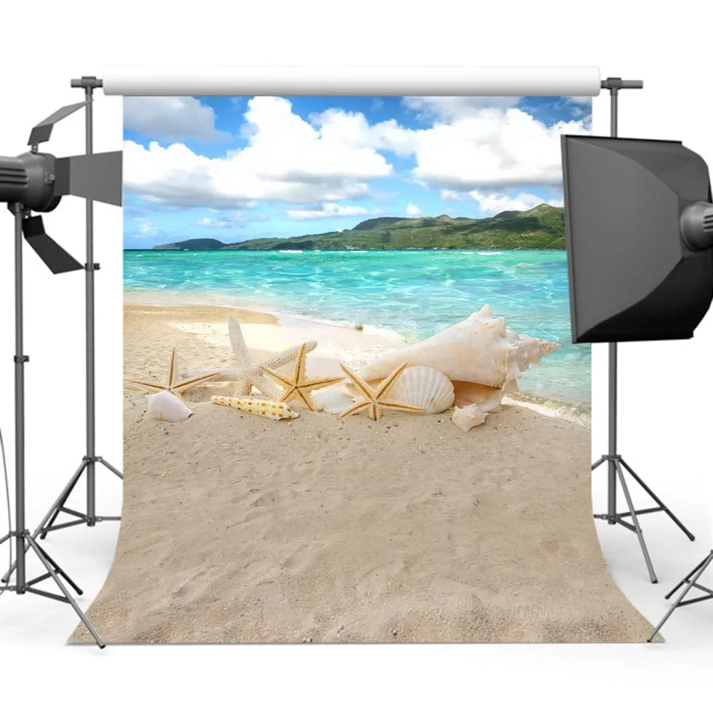 

Summer Blue Sky Sea Backdrops Sandy Beach Starfish Photography Background Printed S-560