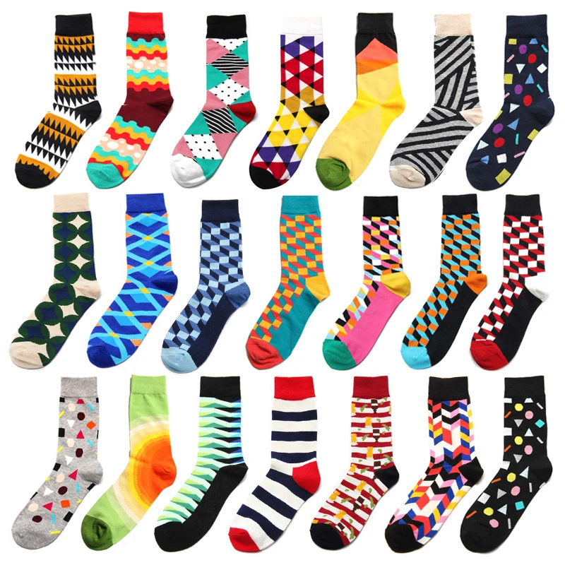 New Socks Men British Style Colorful Plaid Striped Geometry Pattern Funny Socks Long Harajuku Combed Cotton Happy Socks