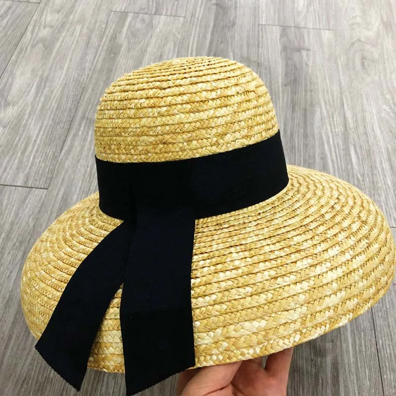 Wide Brim Women Sun Hat Wheat Straw Summer Beach Hat Elegant Cap UV Protection Black long Ribbon Bow Derby Travel Hats