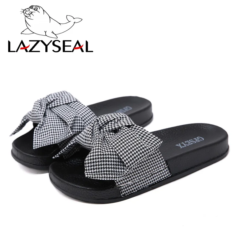 LazySeal Bướm-Nút Thắt Dép Nữ Mùa Hè Nữ Trượt Nhà Dép Phẳng Gót Chanclas Mujer "Bãi Biển Người Phụ Nữ Giày