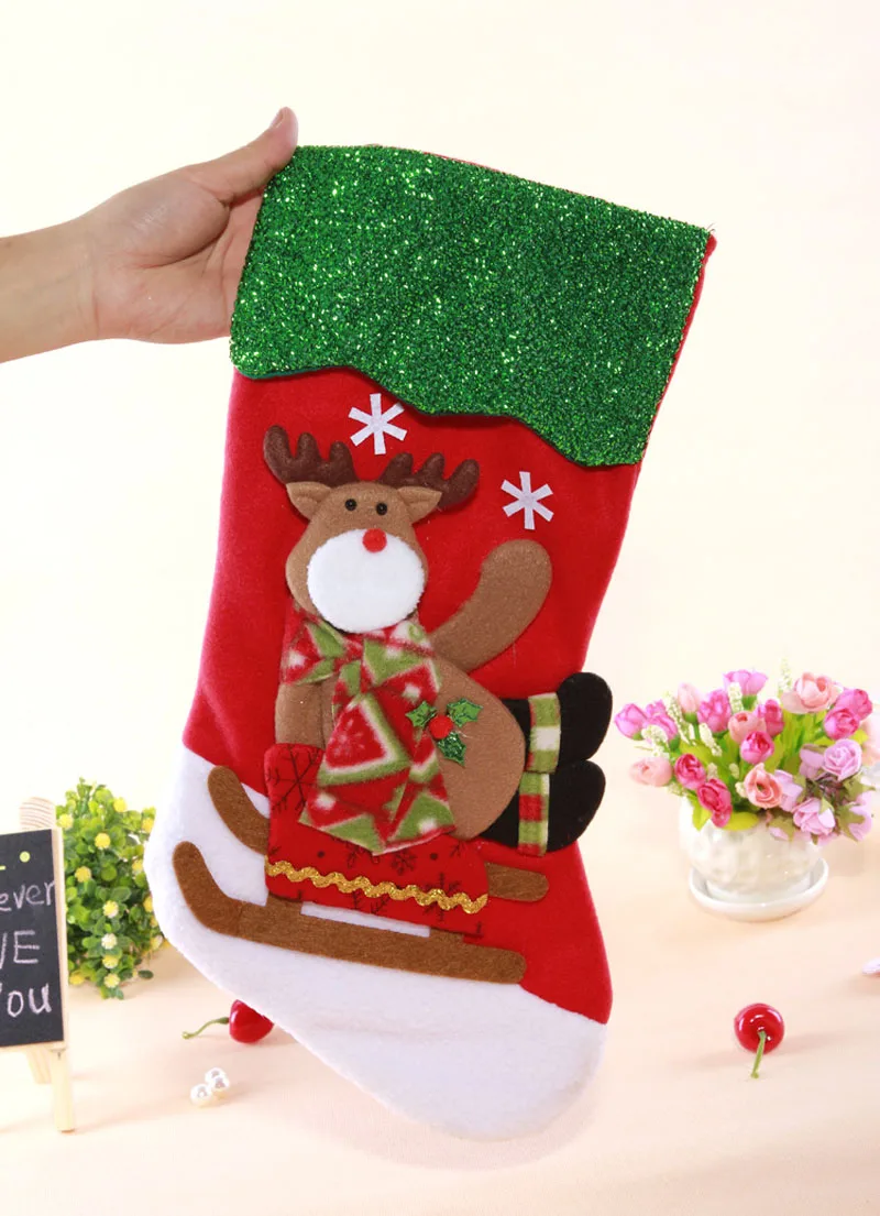 50pcs Christmas Stocking 19*40cm Felt Candy Gift Bag Glitter Pendant Santa Claus Xmas Tree Ornament Decoration ZA4665