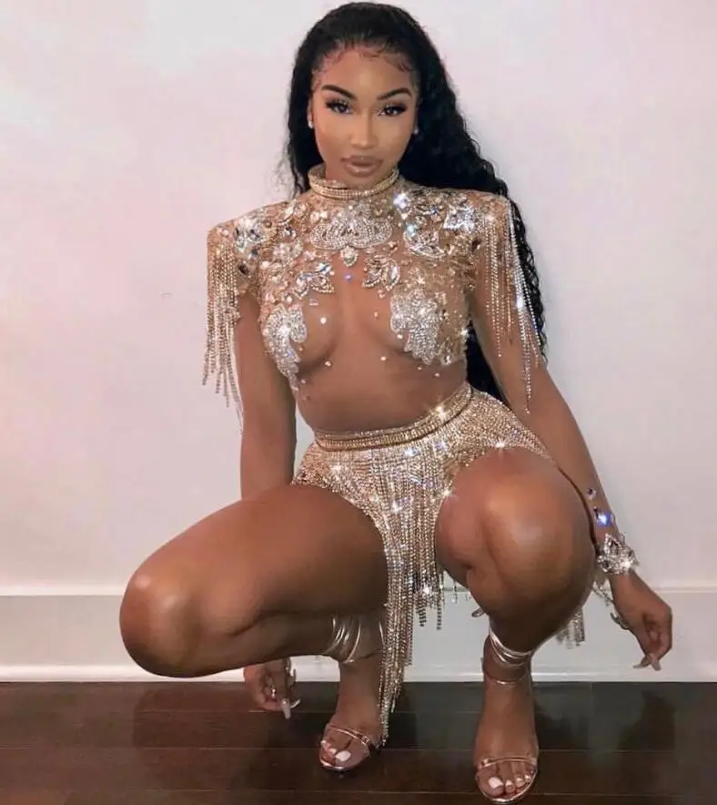 

Shining Big Crystals Mesh Sexy Bodysuit Sparkly Rhinestones Chains Fringes Outfit Nightclub Party Wear See Through Costume