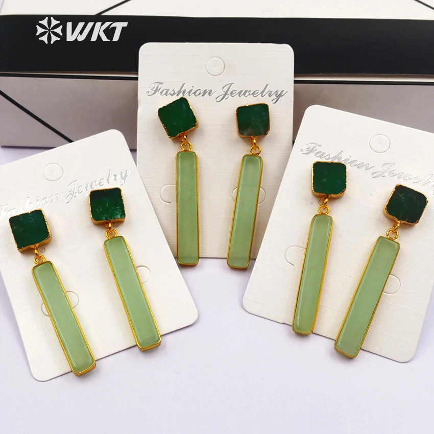 WT-E420 wholesale natural stone earrings women green long bar earrings jewelry with square stud classic style about 6*35mm